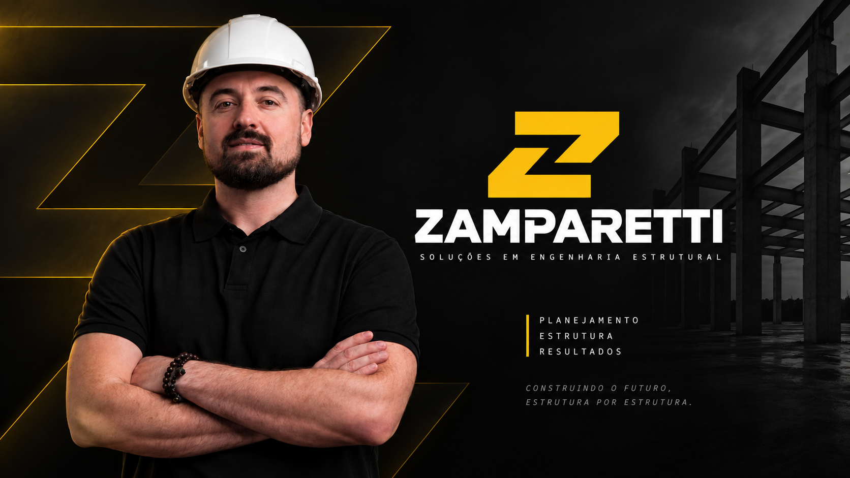 Zamparetti — soluções em engenharia estrutural. Um engenheiro diante de uma estrutura de concreto. Planejamento, estrutura e resultados.